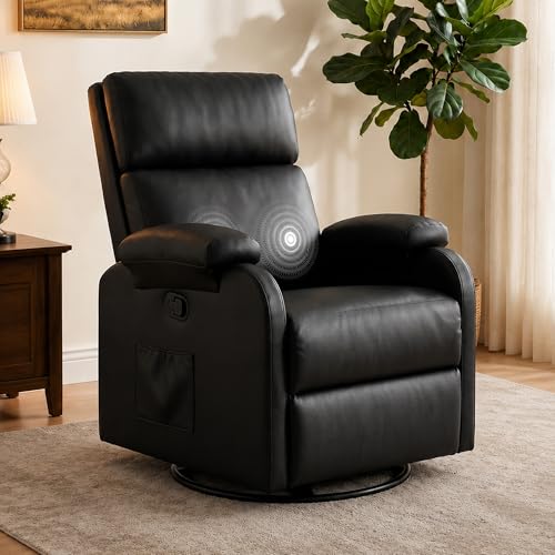 Flamaker Rocking Chair for Nursery, 360 Swivel Rocker Recliner with Vibration Massage, PU Leather, Adjustable Backrest, for Living Room, Bedroom (Black)