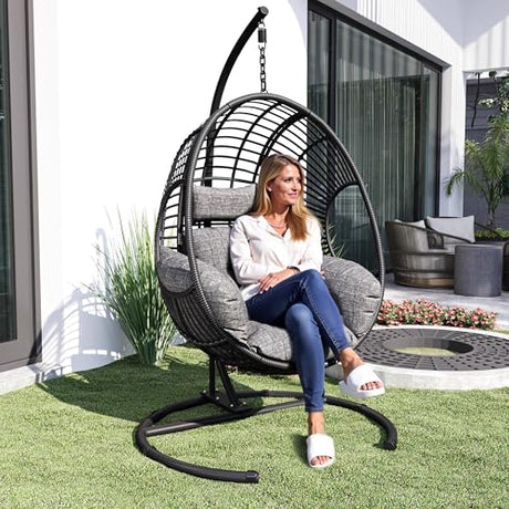Hanging Egg Chair with Stand - Egg Swing Chair Outdoor Indoor Patio Wicker Chair Swing Hammock Egg Chairs 400lbs Capacity for Outside Patio, Bedroom, Garden and Balcony（Black, 1PC） TQKVIPI