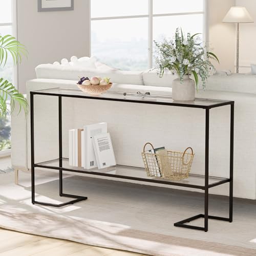 Cozy Castle 52" Entryway Table, 2-Tier Narrow Console Table, Tempered Glass Sofa Table with Metal Frame, Entry Table with Shelves, Console Tables for Entryway, Hallway, Foyer, Living Room, Black Cozy Castle