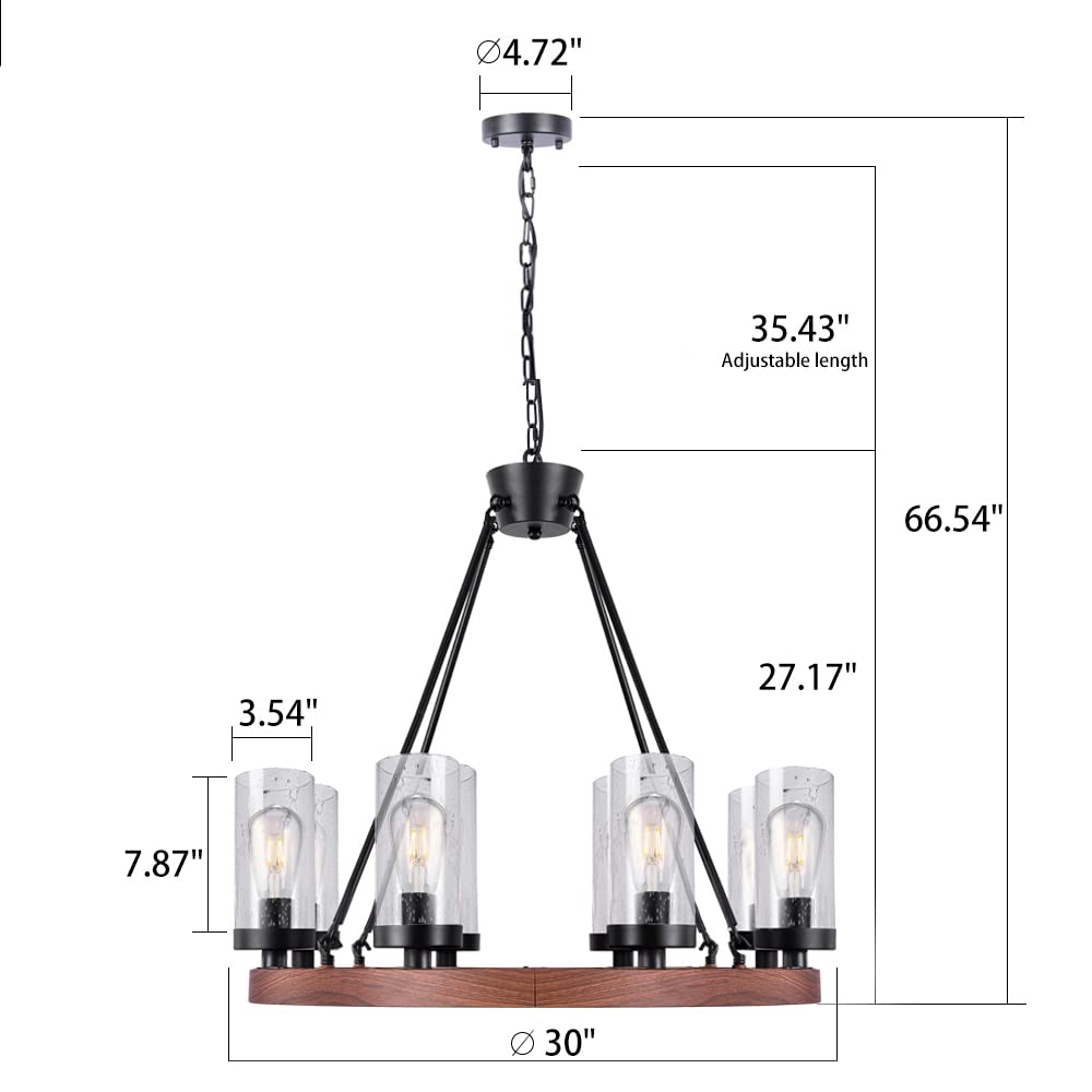 Wellmet 8-Light Farmhouse Chandeliers for Dining Room, 30 inch Rustic Wagon Wheel Chandelier with Seeded Glass Shade, Antique Vintage Round Wood-Painted Hanging Lighting Kitchen Island Living Room