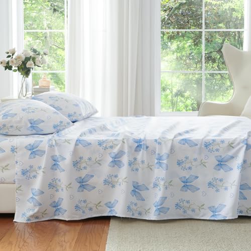 CCoutueChen Blue Bow Sheet Set Full Garden Floral Fitted Sheet Set for Girls Kids Soft Microfiber Fitted Flat Sheets & Pillowcases Cute Princess Style Bowknot Bedding Sets Toddlers 4 Pieces CCoutueChen