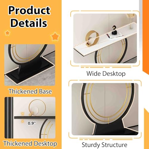 Console Table, Black Rectangle Sofa Tables with Sintered Stone Tabletop, Modern Long Entryway Table with Metal Frame for Living Room, Hallway CHUJUA