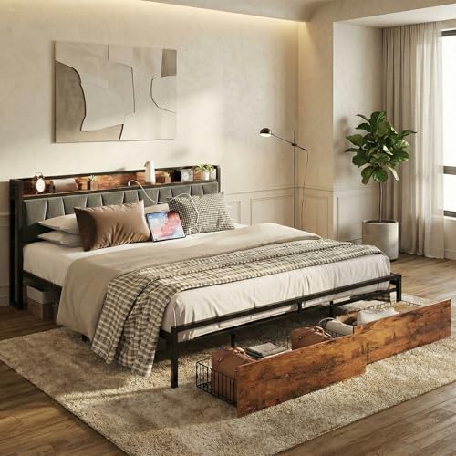 LIKIMIO King Size Bed Frame, Storage Headboard with Charging Station, Platform Bed with Drawers, No Box Spring Needed, Easy Assembly, Industrial Brown and Gray LIKIMIO