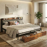 LIKIMIO King Size Bed Frame, Storage Headboard with Charging Station, Platform Bed with Drawers, No Box Spring Needed, Easy Assembly, Industrial Brown and Gray LIKIMIO