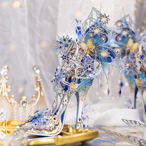 MU Metal Puzzles for Adults Wedding Ice Blue Shoe Cinderella Shoes Puzzle 3D Metal Model Kits Building, DIY Sets Xmas Birthday Wedding Girfriend Gifts Home Desk Decor Craft Projects