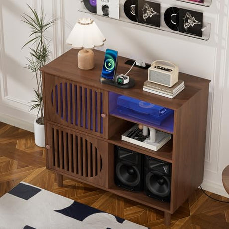 Large Record Player Stand with Storage & LED Lights, Vinyl Record Storage Cabinet with Charging Station Holds Up to 350 Albums, Mid Century Modern Turntable Stand for Living Room (Walnut) YKVIQBY