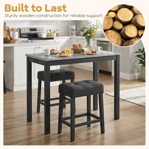 COSTWAY 3-Piece Bar Table Set with Charging Station, Modern Counter Height Breakfast Table w/Faux Marble Top & 2 Padded Stools, Wooden Console Table Set for Living Room, Kitchen, Dining Room (Gray) COSTWAY