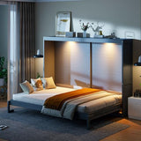 Virubi Queen Horizontal Murphy Bed with LED Lights,Wood Folding Hideaway Fluted Modern Murphy Wall Bed for Adult Guest Room Living Room Bedroom (Grey) Virubi