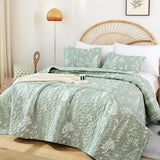 JANZAA Quilts Queen Size Sage Green Quilt Botanical with Floral Pattern Microfiber Bedspreads Queen Size 3 Pieces Lightweight Comforter Reversible Bedding Set with 2 Pillow Cases JANZAA