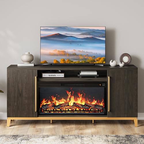 BELLEZE Fireplace TV Stand with 36" Electric Fireplace with Sound, Entertainment Center for TVs Up to 75", TV Console with Storage Cabinet and Open Shelf for Living Room, Bedroom-London (Dark Walnut) BELLEZE