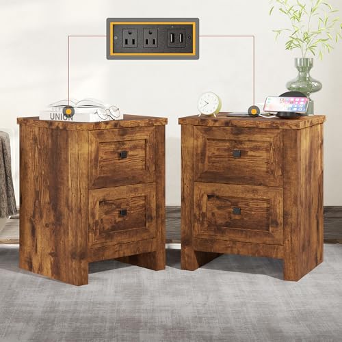 AMERLIFE Nightstand Set of 2 with Charging Station, Rustic Bedside Table with Drawers Storage, Farmhouse Wood Night Stand for Bedroom, Living Room, Rustic Brown - WoodArtSupply