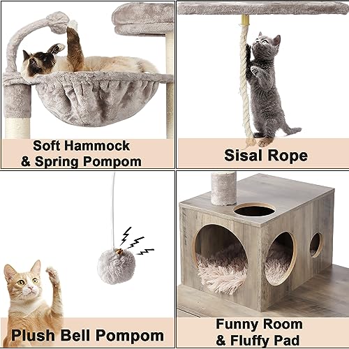 Timberer Cat Tree with Litter Box Enclosure, 2-in-1 Cat Tower for Indoor Cats, Large Cat Furniture, Wood Cat Condo with Basket, Scratching Posts, Pompoms, Grey Timberer