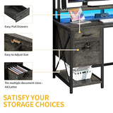 DWVO Computer Desk with Drawers & Hutch, 59.1" Office Desk with Power Outlets & LED Lights, Home Office Desk with Storage Shelves, Grey DWVO