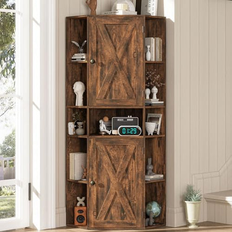 Halitaa Farmhouse Corner Cabinet, Tall Corner Storage Cabinet with Barn Doors and Adjustable Shelves Wooden Display Bookshelf Pantry Cabinets Organizer Home Furniture for Bathroom, Living Room Halitaa