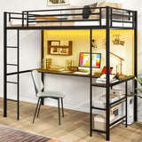 Giantex Twin Loft Bed with L-Shaped Desk, Metal Loft Bed Frame with LED Lights, Charging Station & 3 Storage Shelves, Safety Guardrail & Ladder, Loft Bed for Teens Juniors, No Box Spring Needed, Black Giantex