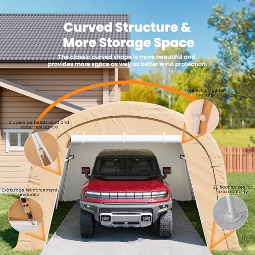 COSIEST 13'×20' Storage Shelter Outdoor Round Carport, Heavy-Duty Garage Canopy with Dual Roll-Up Doors Weatherproof PE Cover, Multi-Purpose Vehicle/Tractor Shed for Backyard/Driveway/Farm(Beige) COSIEST