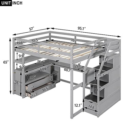 Acosure Full Size Loft Bed with Desk and Shelves,Multifunctionl Bedroom Bed Frame w/ 2 Built-in Drawers & Storage Staircase,Solid Wood Slats Support,for Kid Adult Boy Girl Teen,Grey