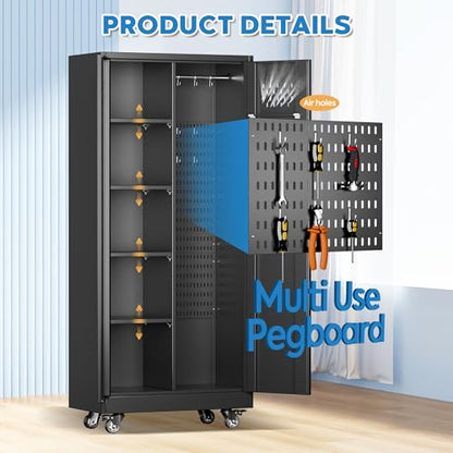 GLADIW Garage Storage Cabinet, Metal Storage Cabinet with Lockable Doors and 4 Adjustable Shelves, Tool Cabinet with Wheels and Pegboards for Garages, Offices, Kitchens, Gyms and Pantries, Bl - WoodArtSupply