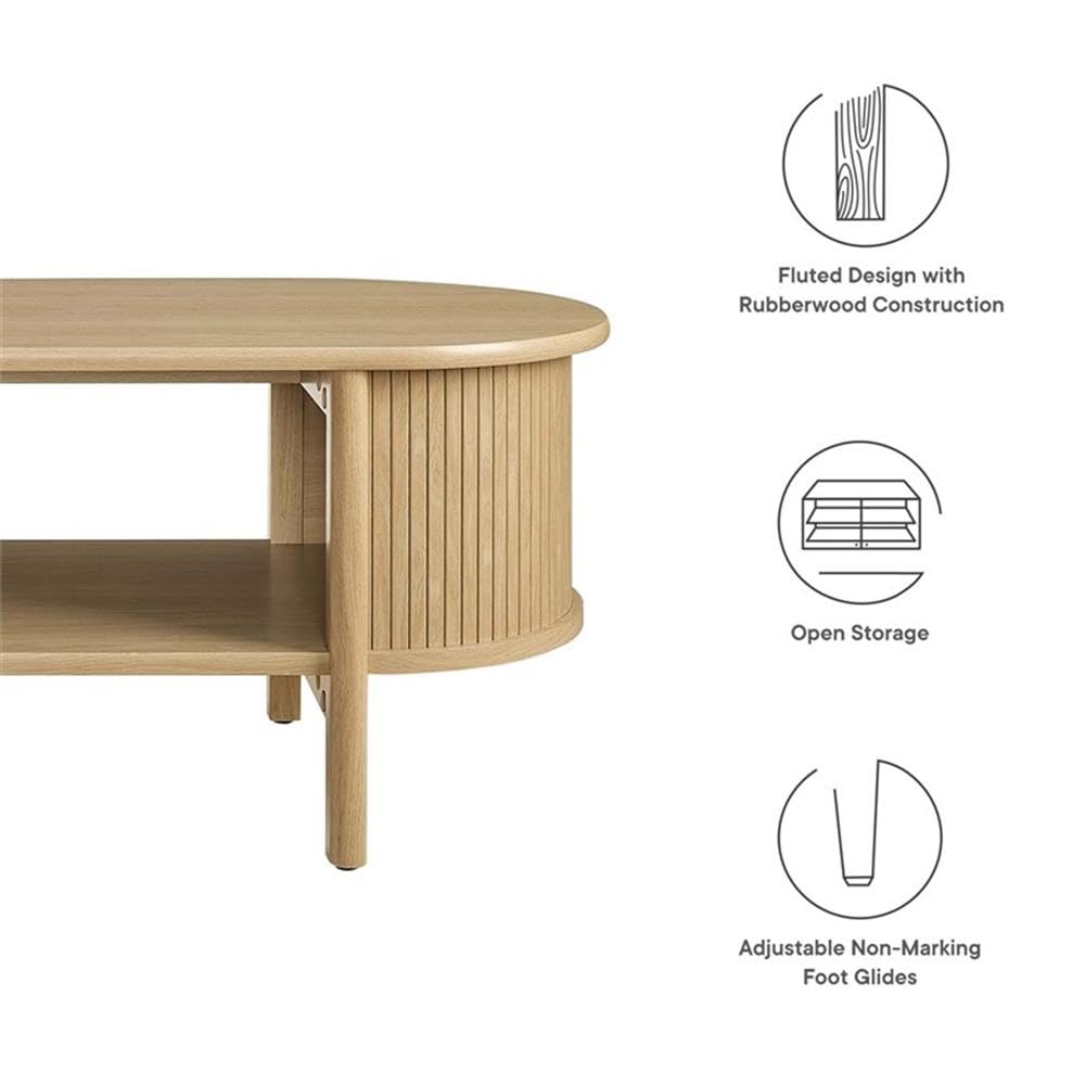 Modway Cadence Oval Coffee Table in [Color] - Mid Century Modern Center Table with Open Storage for Living Room Organization - Wood Grain Fluted Accent Table Modway