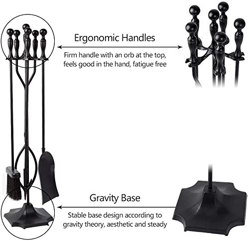 AMAGABELI GARDEN & HOME 5 Pcs Fireplace Tools Sets Black Handle Wrought Iron Large Fire Tool Set and Holder Outdoor Fireset Fire Pit Stand AMAGABELI GARDEN & HOME