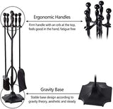 AMAGABELI GARDEN & HOME 5 Pcs Fireplace Tools Sets Black Handle Wrought Iron Large Fire Tool Set and Holder Outdoor Fireset Fire Pit Stand AMAGABELI GARDEN & HOME