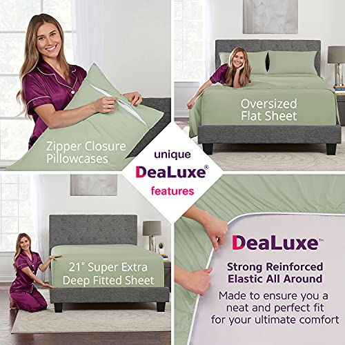 Deep Pocket Queen Sheet Sets – 21” Inch Extra Deep Pocket Queen Sheet Sets – 4 Piece Bedding Sheets & Pillowcases with Oversize Flat Sheet – 18”–23” Pillow Top Sheets for Queen Size Bed – Green Laurel DeaLuxe