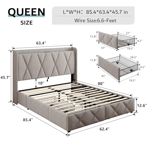 iPormis Modern Upholstered Queen Bed Frame with 4 Storage Drawers and Charging Station iPormis