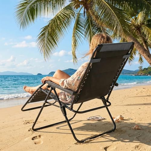 Sweetcrispy Zero Gravity Chairs, Foldable Patio Reclining Chairs with Adjustable Pillow & Cup Holder, Oversized Portable Support 400 lbs, for Backyard Camping(Black-Gray)