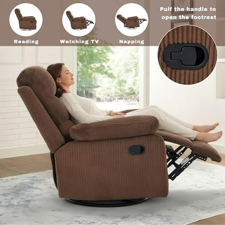 GAOHAPY Rocking Recliner Chair,Modern Swivel Glider Recliner Chair,Corduroy Fabric Upholstery Recliner,Manual Reclining Sofa Chair for Living Room,Office,Apartment (Brown) GAOHAPY