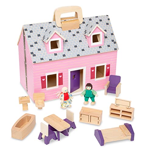 Melissa & Doug Fold and Go Wooden Dollhouse With 2 Dolls and Wooden Furniture,Multi,One Size - WoodArtSupply