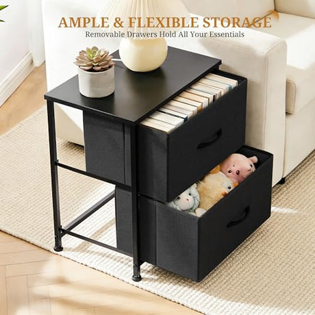 Accver Nightstand, 2 Drawer Dresser Bedside Storage Furniture, Small Dresser with 2 Drawers, End Table with Fabric for Bedroom, Closet, Entryway, College Dorm, Black Accver