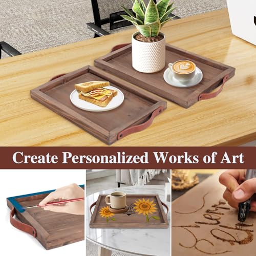 Geevon 2 Set Rustic Wooden Serving Tray with Handles, Large Wooden Ottoman Tray, Nesting Trays for Serving Food, Coffee Table, Stylish Farmhouse Decor Serving Trays, Brown Geevon