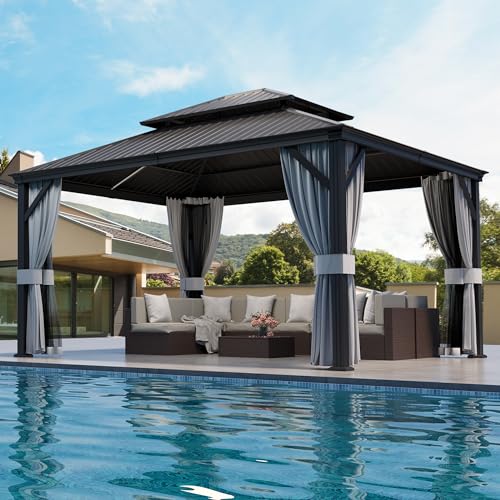 PAMAPIC 12'x14' Hardtop Gazebo, Double Roof Canopy with Netting and Curtains,2-Tier Hardtop Gazebo with Galvanized Iron Aluminum Frame, GardenTent for Backyard, Parties, Garden, Black Pamapic