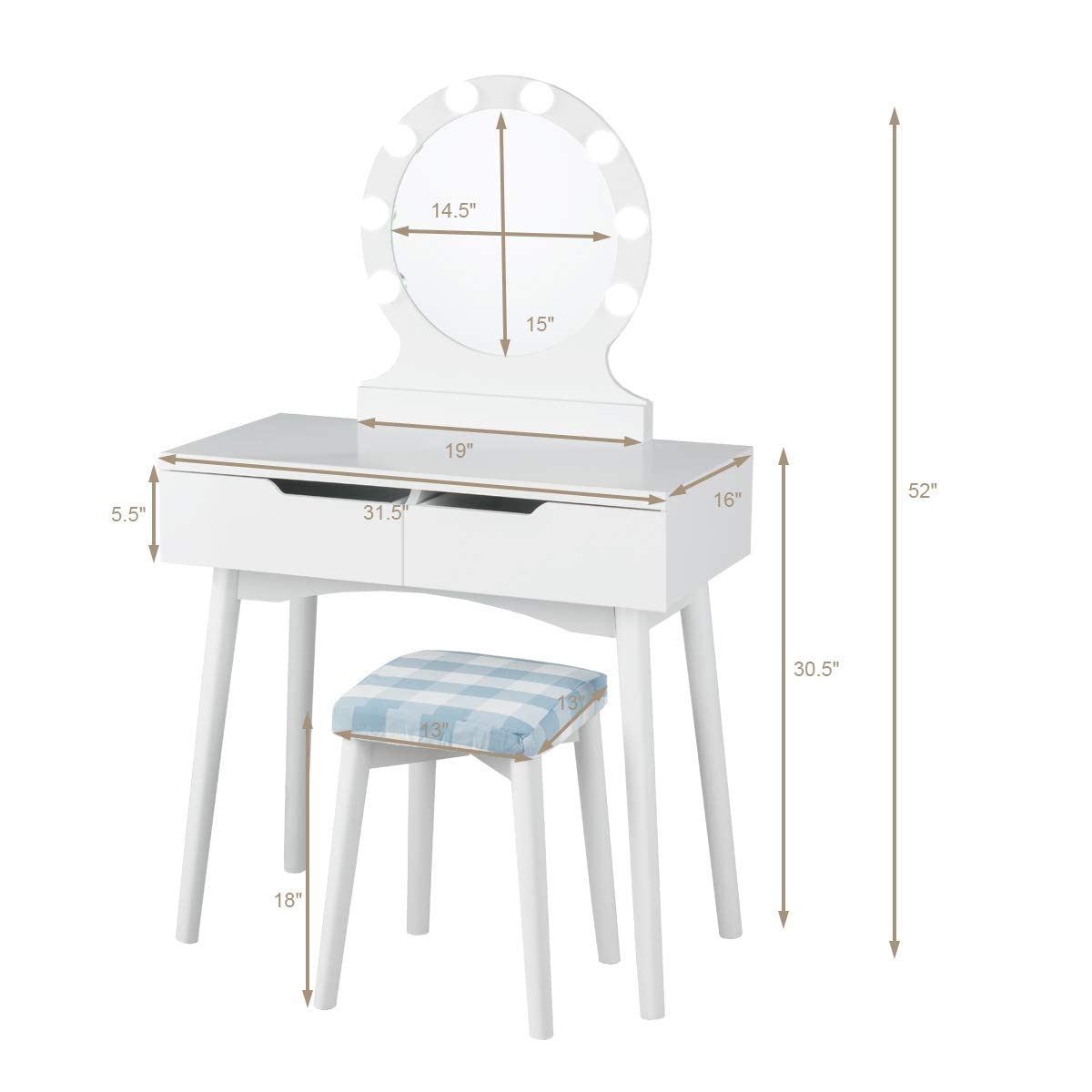 Giantex Vanity Set with Round Lighted Mirror, Makeup Dressing Table with 8 Light Bulbs and Brightness Adjustable, Bedroom Makeup Table with Cushioned Stool and 2 Sliding Drawers (White) Giantex