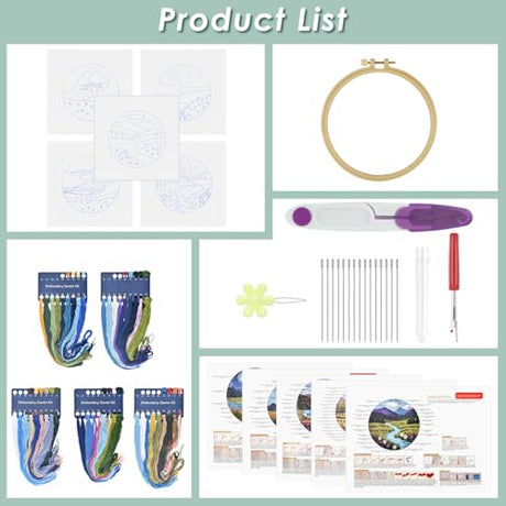 ERKOON 5 Sets Embroidery Kit for Beginners, Butterfly Cross Stitch Set for Include Embroidery Cloth Hoops Threads for Craft Lover Hand Stitch (Landscapes) ERKOON