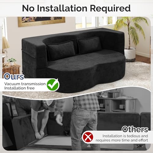 78" Convertible Sofa Bed with Pillows Queen Sleeper Sofa,Foam Folding Mattress Sleeper Modern Teddy Fabric Floor Cushion and Futon Chaise Lounge Sofa,For Apartments,Guest Rooms,Guest Use,Condo,Black Luxanimarion