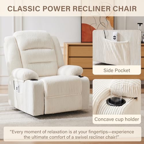 Hicosit Power Pushback Recliner with Cup Holders, Electric Recliner Chair for Adults, Reclining Chair with Side Pocket for Living Room (1, Stripe White)