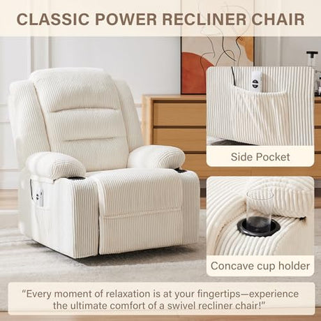 Hicosit Power Pushback Recliner with Cup Holders, Electric Recliner Chair for Adults, Reclining Chair with Side Pocket for Living Room (1, Stripe White) Hicosit