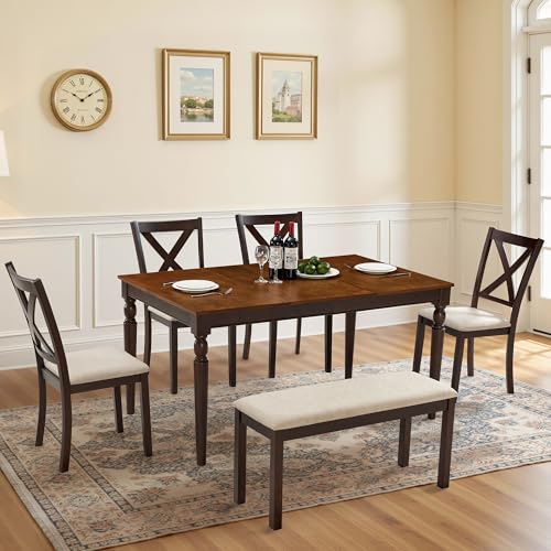 LUXOAK 6-Piece Solid Wood Dining Table Set, Upholstered Chair w/Bench Seat, Seating for 6, 60'' Farmhouse Wood Kitchen Chairs Set for Living Room, Dining Room, Brown & Black Finish LUXOAK