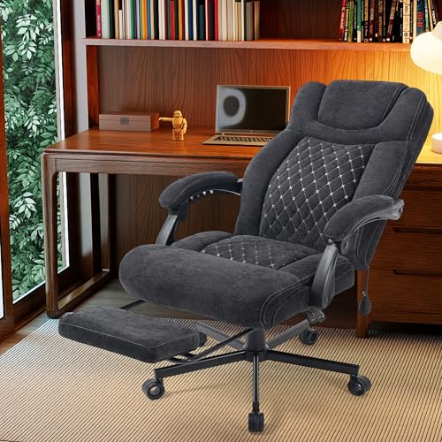 600LBS Big and Tall Office Chair for Heavy People,Large Reclining Executive Office Chairs with Foot Rest&Air-Adjust Lumbar Support,Fabric Ergonomic High Back Computer Chair, Black BIGGARSIT