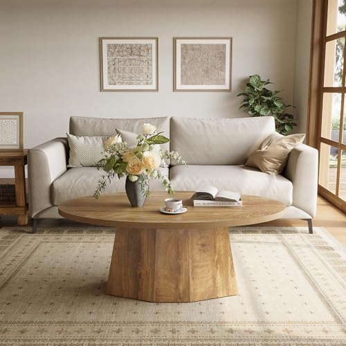Oval Coffee Table, 47-Inch Living Room Table with Polygonal Pedestal, Modern Center Accent Furniture, Child-Friendly, Easy to Assembly, Yellowish Brown LITTLE TREE