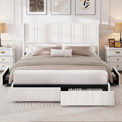 LARMACE Queen Size Bed Frame with 4 Storage Drawers and Wingback Headboard Linen Upholstered Platform Bed Frame with Wooden Slats, Easy Assembly, White LARMACE