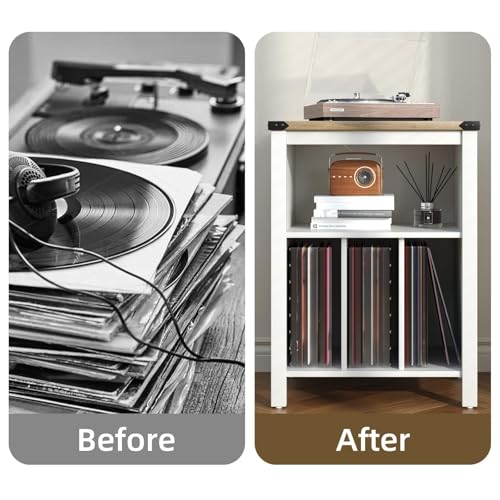 4 EVER WINNER Record Player Stand with Vinyl Storage, Record Stand with 3 Divider Open Shelf Holder Up to 160 Albums Cube Storage, Record Shelf with Outlet Hole for Album CD & Living Room, White 4 EVER WINNER