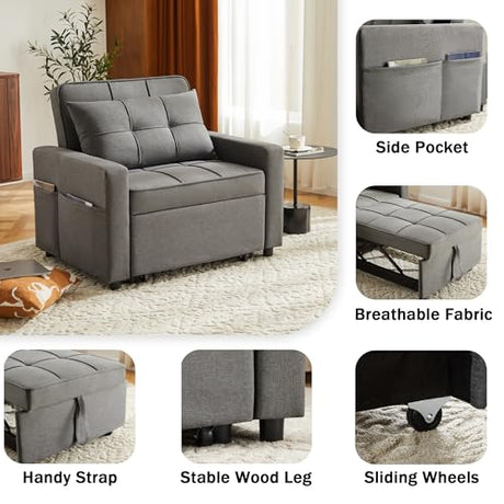 Yosonch Sofa Bed Chair Convertible ，Sleeper Sofa with Pull-Out Bed ，3-in-1 Futon Couch with Reclining Backrest and Side Pocket (Dark Grey, 35.6‘) Yosonch