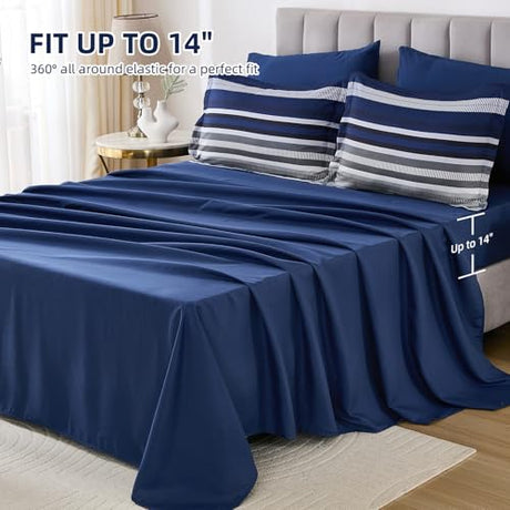 Dobuyly Navy Blue Queen Comforter Set 7 Pieces, Boho Striped Bed in a Bag Queen Size Soft Microfiber All Season Bedding Set with Comforter, Sheets, Pillowcases & Shams Dobuyly