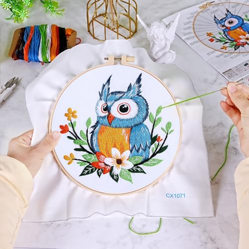 KESTAR Embroidery Starter Kit, Owl Flower Embroidery Kit for Adults Beginners, Cross Stitch Kits with Embroidery Cloth Hoops Needles Instruction and Threader