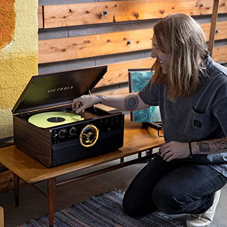Victrola Empire Mid-Century 6-in-1 Turntable with 3 Speed Record Player, Bluetooth Connectivity, Radio, Cassette and CD Player (Espresso) Victrola