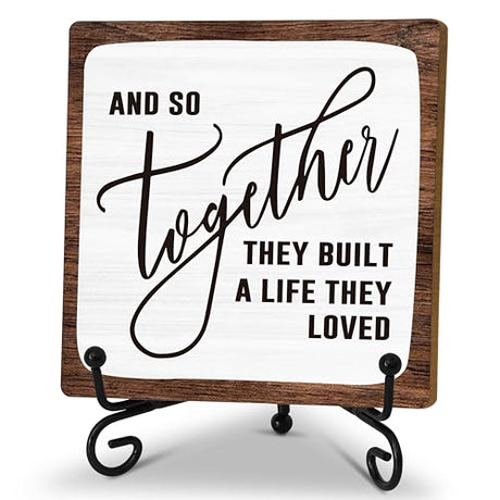 Home Desk Decor Sign, Rustic Wooden Sign With Stand, And So Together They Built A Life They Loved Sign For Farmhouse Home Living Room Bedroom Shelf Table, Coffee Lover Gifts For Family Friend Zmyollo