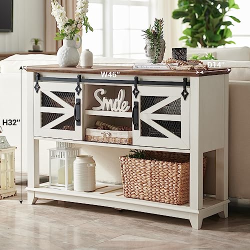 OKD Entryway Table w/Sliding Barn Doors, 46'' Farmhouse & Industrial Rustic Console Sofa Table with Storage, w/Adjustable & Open Shelf for Entry Way, Hallway, Living Room, Antique White - WoodArtSupply