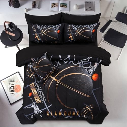 A Nice Night Basketball Court Printed Comforter Sets,with Sportsman Slam Dunk Printing 6Pcs Bedding Set in a Bag for Teen Boys,Twin A Nice Night